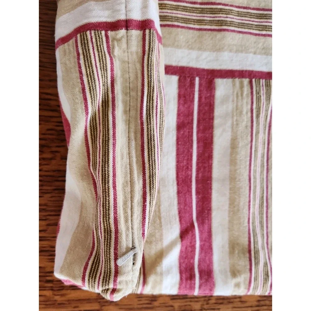 1/Pottery Barn 22X 22in Pillow Cover Red Tan Linen Blend Ticking Striped Zipper